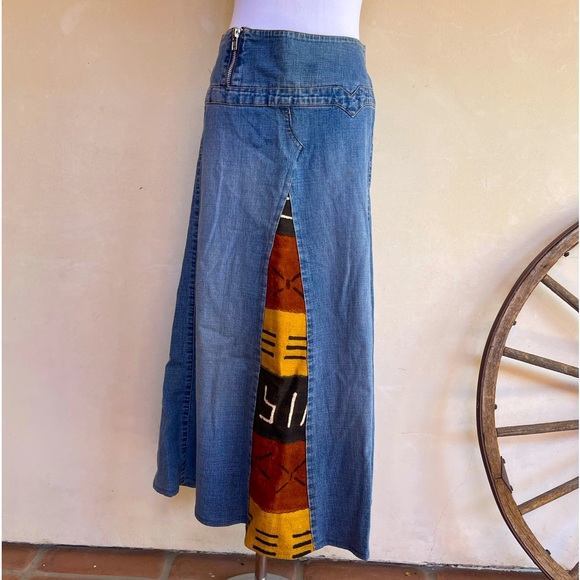 CUSTOM DENIM MAXI SKIRT Hand Made in South Africa Painted Woven Tribal Fabric 5 - Picture 2 of 12
